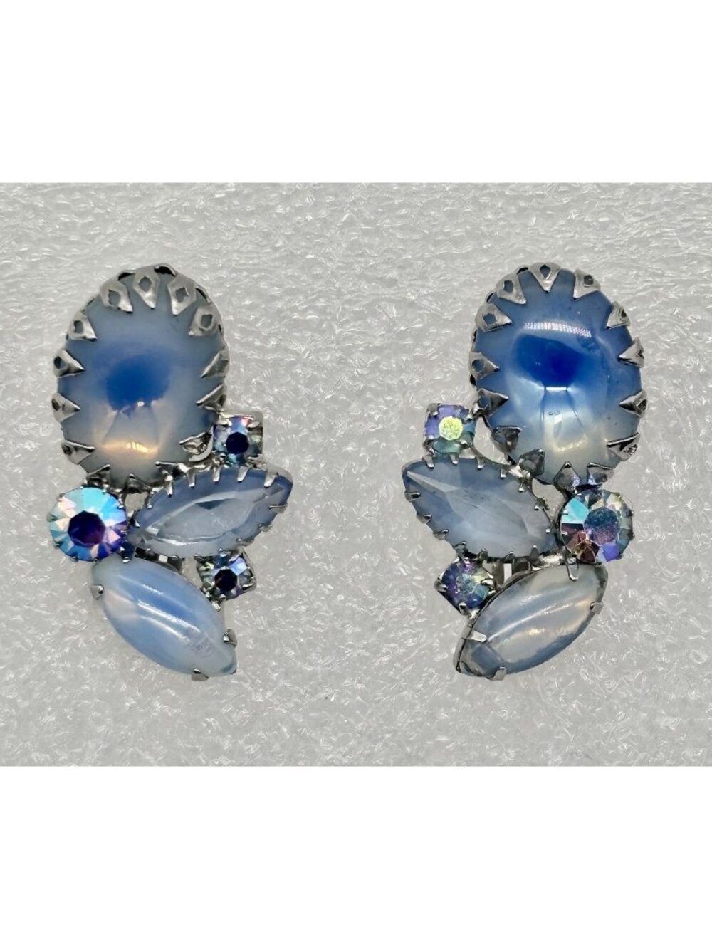 Vintage Clip Climber Earrings Blue Art Glass Aurora Borealis Manner of Juliana